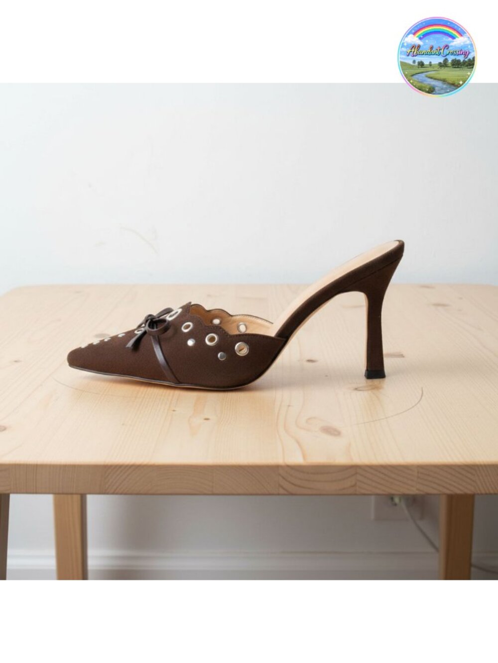 Kitten Heels Pointed Toe Studded Bow Mules Faux Suede Women Heeled Sandals